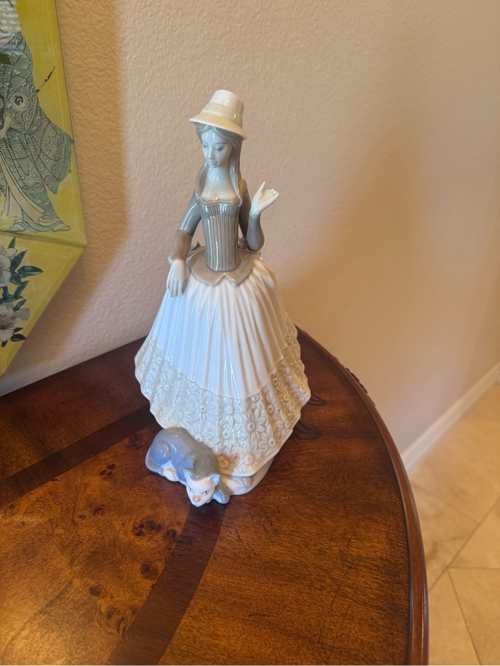 Porcelain Lady Figurine with Cat - White and Light Blue